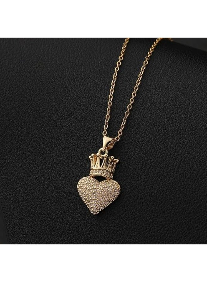 14K Yellow Gold Heart Crown Necklace - 14K Yellow Gold Royal Charm Crown Necklace with Chain for Women - Image 5
